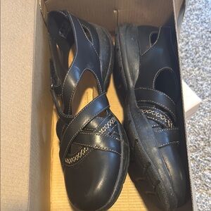 Clarks Black Leather Flats with Stitch Detail Roseville St